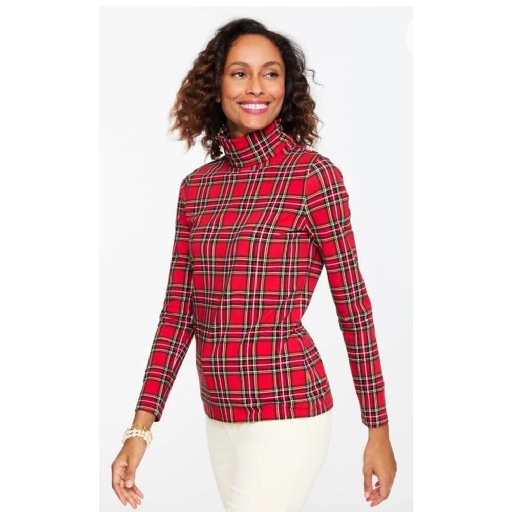 Talbots Womens Classic Tartan Plaid Cotton Red Green Holiday Turtleneck Sz Small